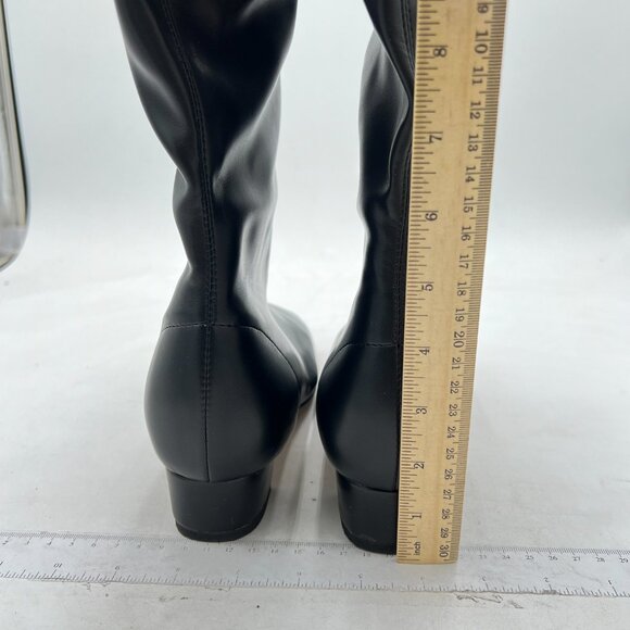 Black Women Stylish Square Toe Block Low Heel Side Zipper Knee High Riding Boots - Picture 4 of 6